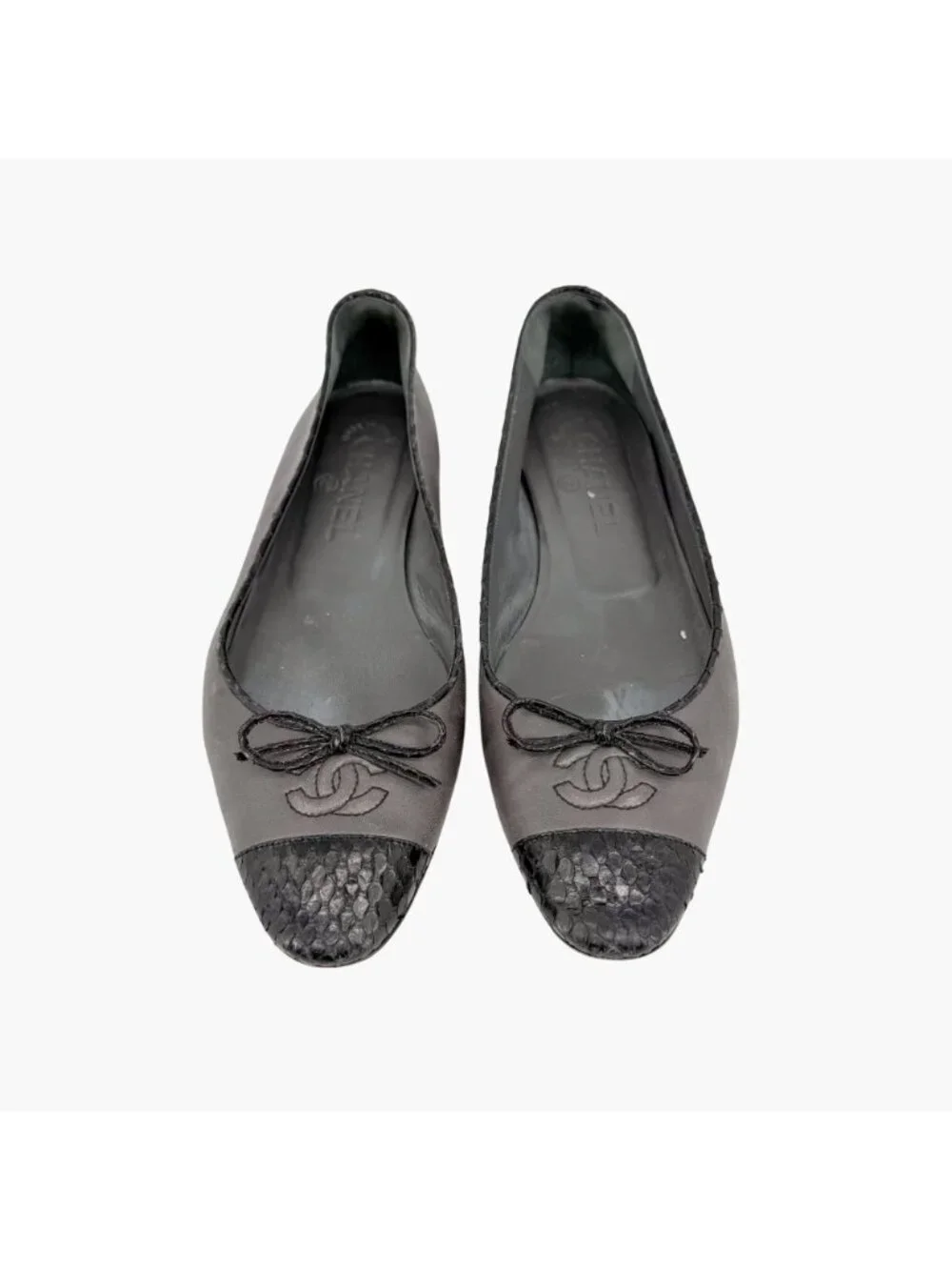Chanel CC Cap Toe Ballet Flats Bow Gray Leather Black Snake Size 37 US 6-6.5